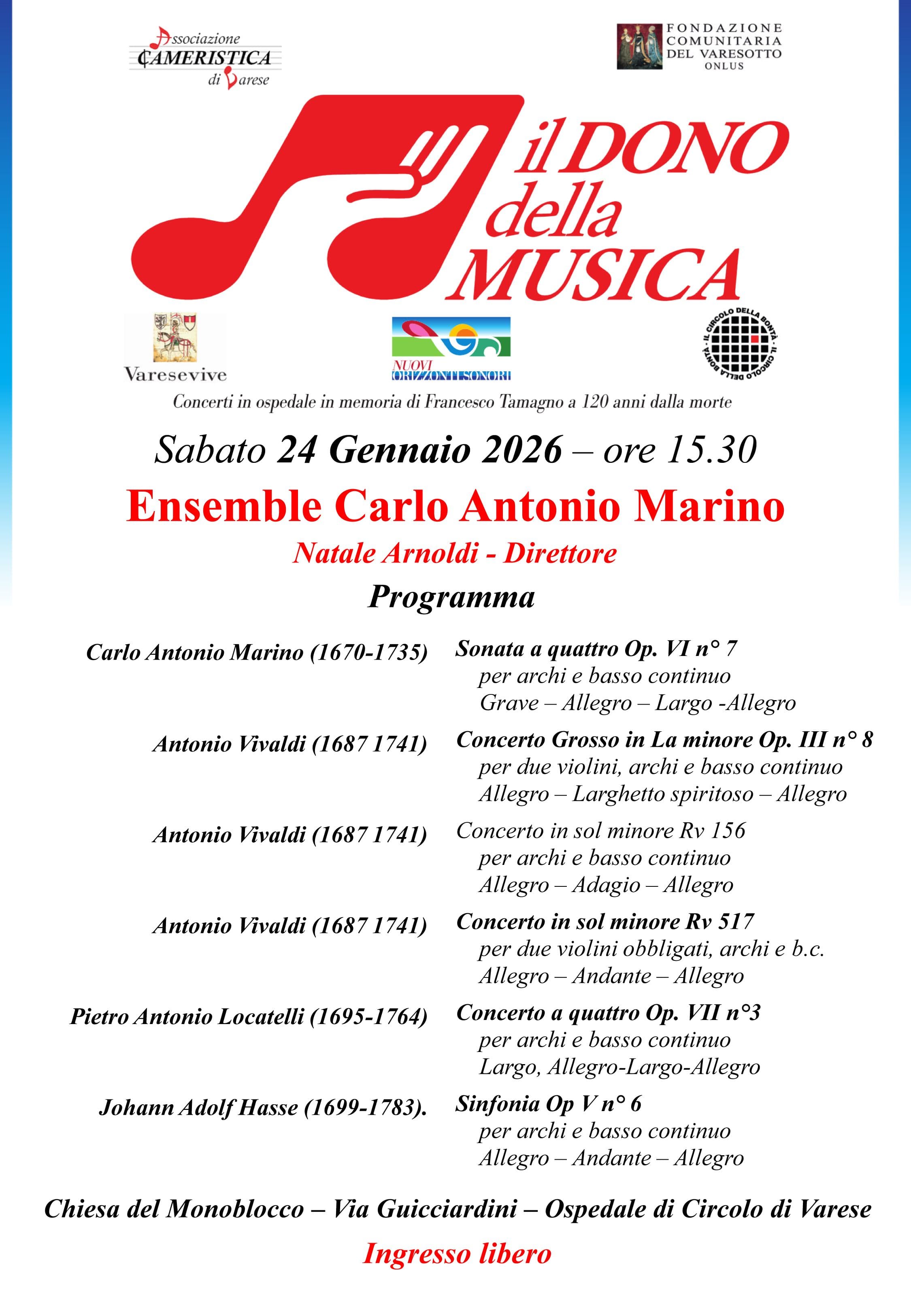 “Il Dono della Musica” si conclude all’Ospedale di Circolo di Varese con l’Ensemble Barocco “Carlo Antonio Marino”