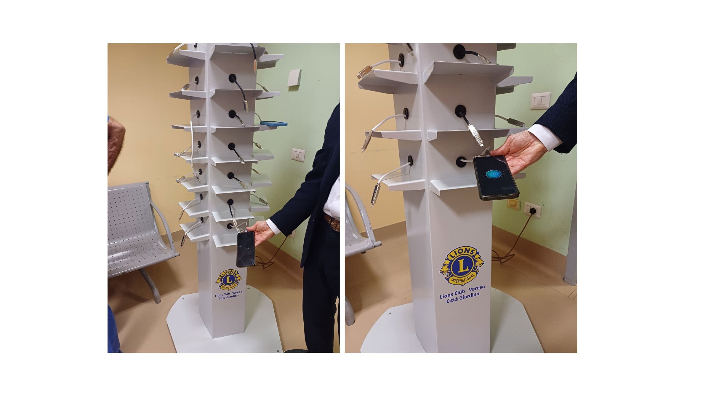 Un telefono carico per restare in contatto con i propri cari: al Pronto Soccorso di Varese la colonnina ricarica-cellulari donata dal Lions Club Varese Città Giardino