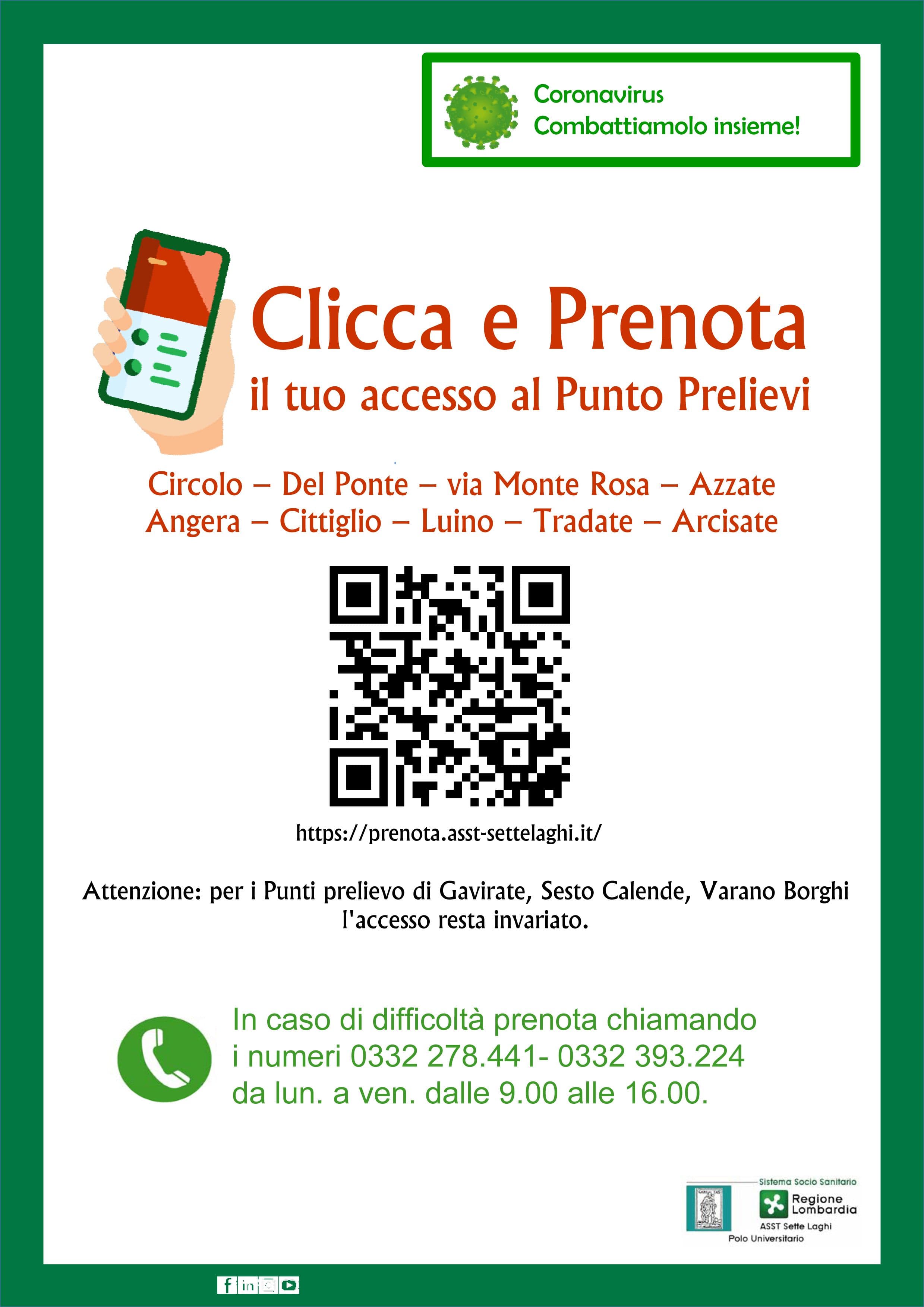 "Clicca e prenota": nuova modalità di accesso obbligatoria ai punti prelievo di ASST Sette Laghi