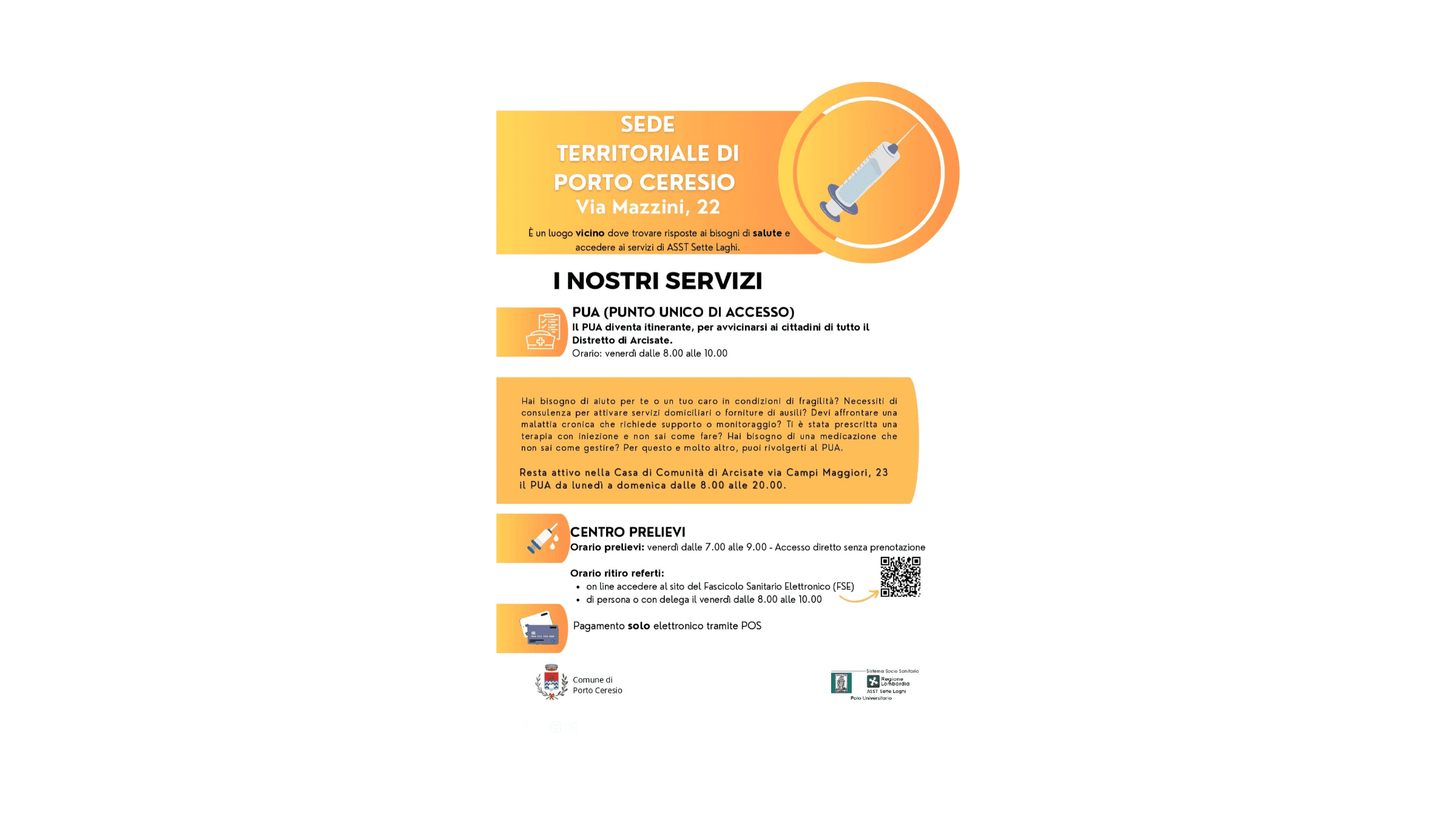 Locandina della sede territoriale di Porto Ceresio con informazioni su orari e servizi del PUA e del Centro Prelievi.