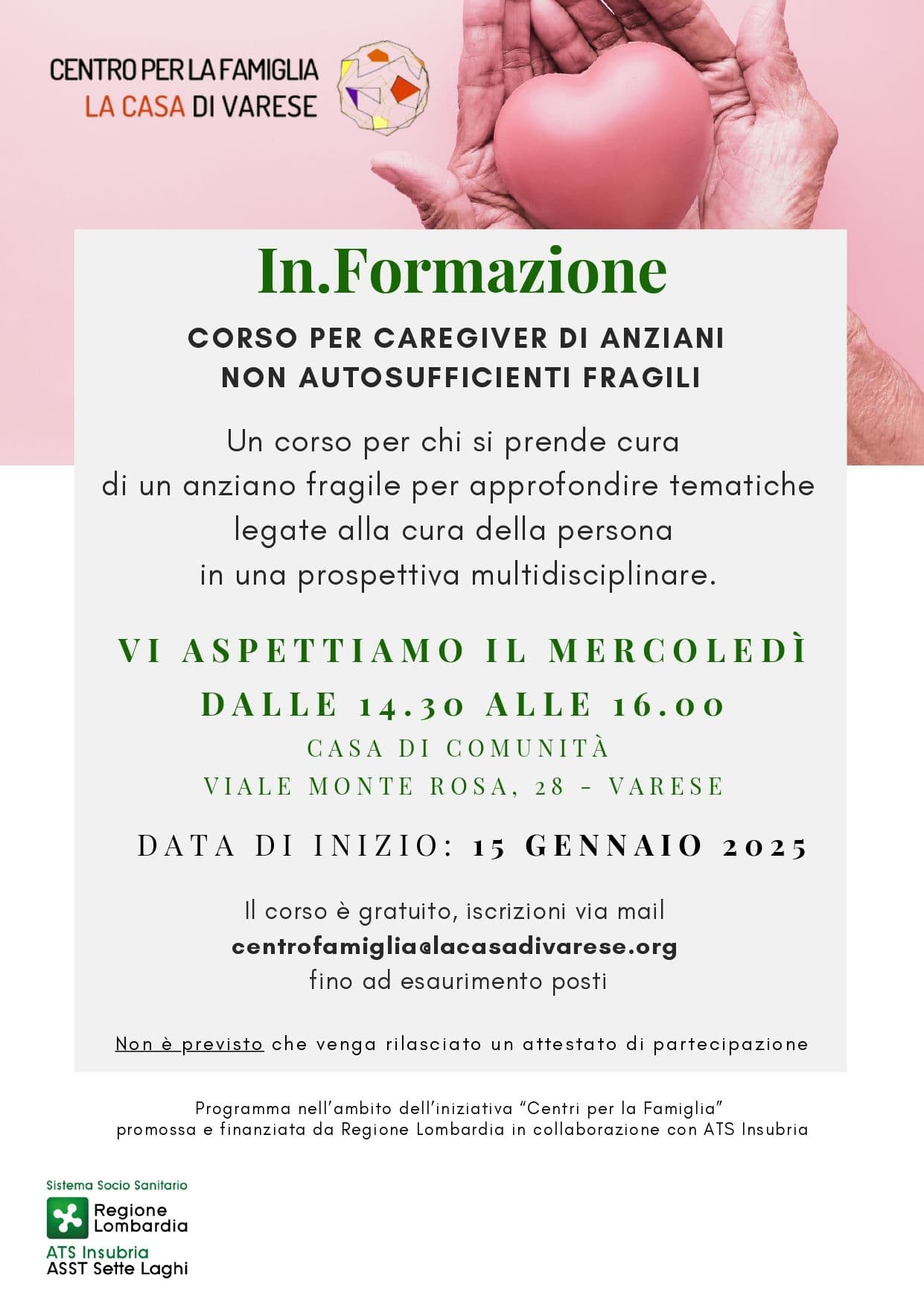 Un corso gratuito dedicato ai famigliari e caregiver di persone fragili.
